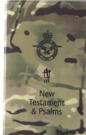 A pocket-sized New Testament & Psalms (RAF) CEV edition with a camouflage cover, military emblem, and “CEV” logo centred.