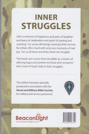 The back cover of Inner Struggles - Military Edition features a camouflage background, a summary on finding comfort in the Bible during difficult times, and logos for BeaconLight and the Naval and Military Bible Society.