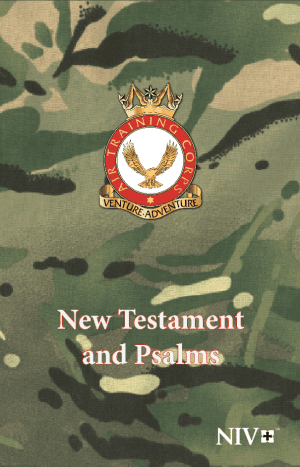 Camouflage cover with crest—eagle, crown, and Venture Adventure banner. White text: "New Testament & Psalms," "NIV." Product: ATC (Camouflage) New Testament & Psalms Pocket Edition NIV.