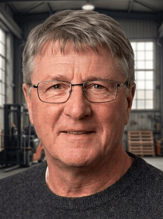 image An older man with grey hair and glasses, wearing a dark jumper, stands in a warehouse with large windows, pallets, and a forklift in the background.